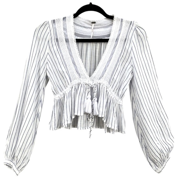 Free People | Oberoi Hippie Plunging V Neck Lace Tassel Boho Sheer Peplum Top- M - Picture 3 of 9